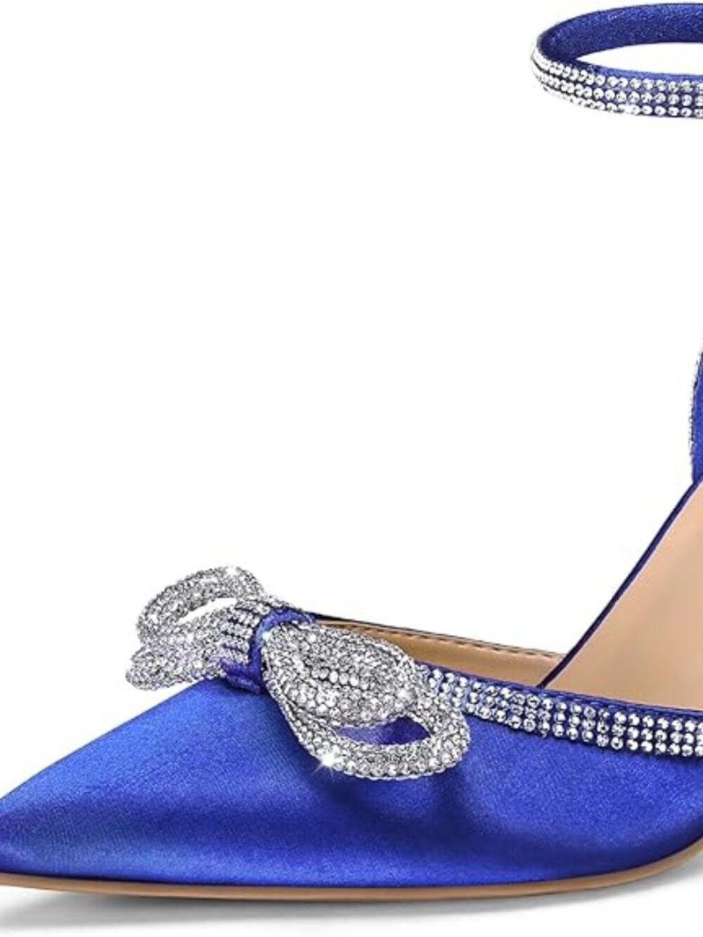 Women's Rhinestone Bow Pumps Wedding Dress Shoes Pointed Toe Ankle Strap Kitten